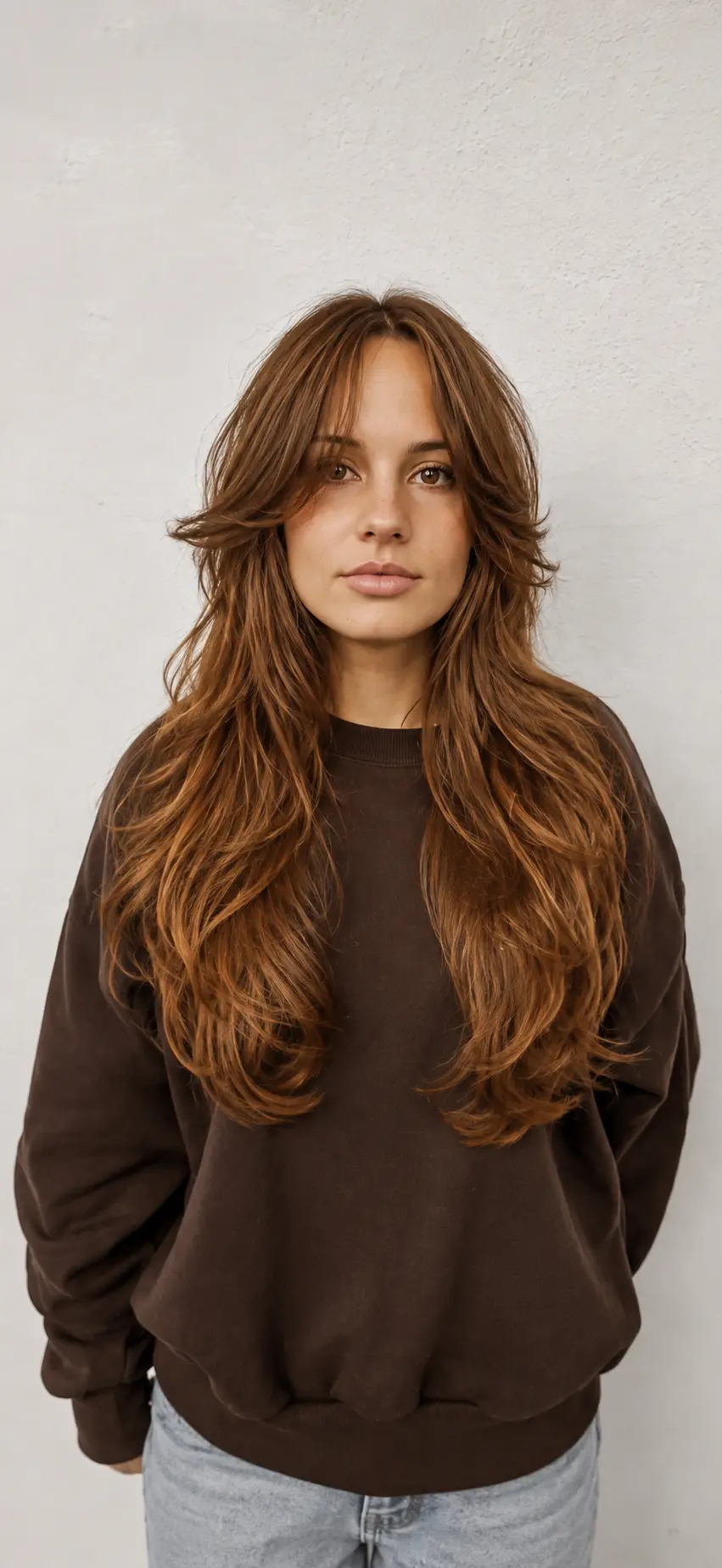 Butterfly Cut auf langem, welligem Haar mit Curtain Bangs rund um das Gesicht