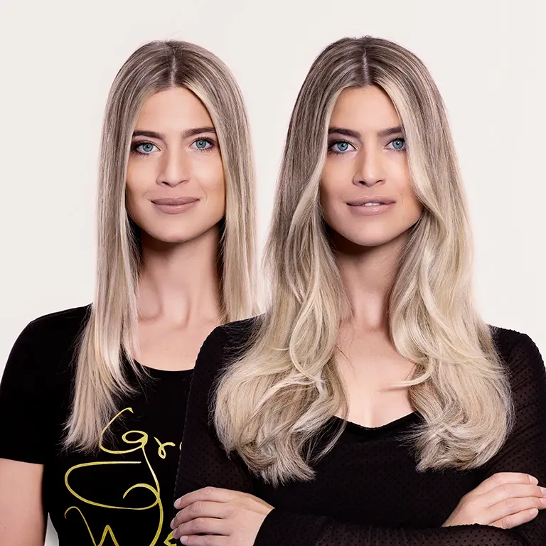 Haarverdichtung Wien 1090 Vorher Nachher – zwei Frauen, links feines Haar, rechts volles blondes Haar nach Great Lengths Verdichtung bei Barbara Dvorak