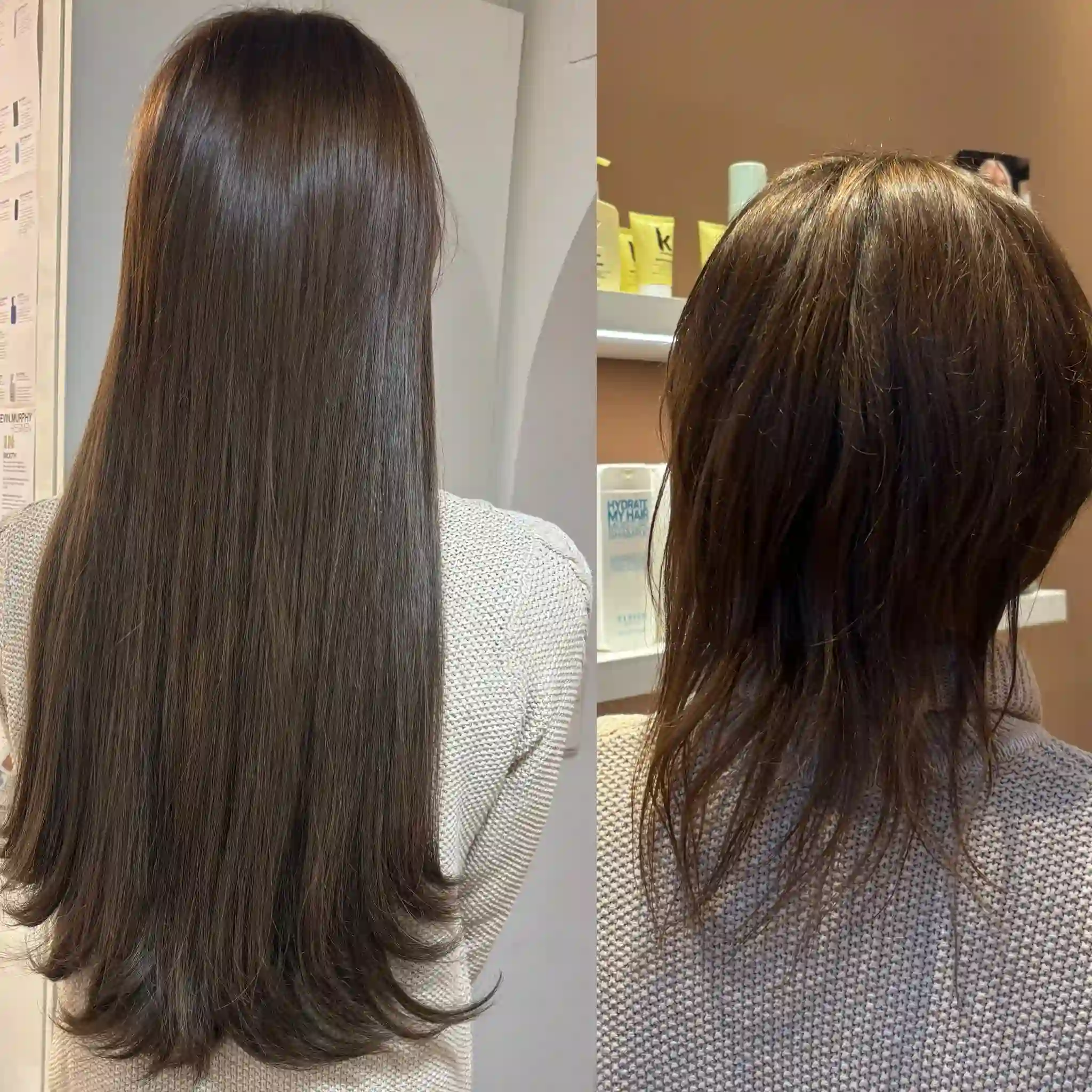 Vorher-Nachher Haarverlängerung Wien – kurzes schulterlanges Haar wird zu langem, glattem Echthaar mit Great Lengths Extensions